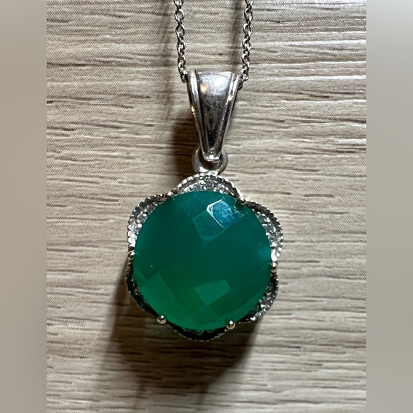 Designer Signed ATR Sterling Silver & 14K Gold Green Chalcedony 18" Necklace - Picture 3 of 7